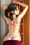  1girl absurdres arms_up ass bangs bare_arms bare_shoulders black_hair blush bra brown_eyes brown_scrunchie eyebrows_visible_through_hair floral_print hair_ornament hair_scrunchie highres indoors looking_at_viewer looking_back matsunaga_kouyou nose_blush original panties print_bra print_panties profile red_skirt scrunchie skindentation skirt skirt_pull solo twintails underwear white_bra white_panties 