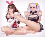  2girls a.i._channel absurdres bare_legs bare_shoulders barefoot breasts brown_hair cleavage cleavage_cutout d-pad d-pad_hair_ornament detached_sleeves dress feet foot_licking grey_background hair_ornament hairband hairclip highres indian_style kaguya_luna kairuhentai kizuna_ai lace lace-trimmed_legwear licking long_hair multicolored_hair multiple_girls obi pink_hairband revision ribbon sailor_collar sash sharp_teeth short_shorts shorts silver_hair simple_background sitting sleeveless sleeveless_dress streaked_hair strong_zero teeth the_moon_studio virtual_youtuber white_sailor_collar white_shorts wrist_ribbon wristband x_hair_ornament youtube yuri 