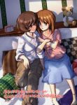  2girls absurdres akiyama_yukari arm_holding bangs blue_skirt blush boko_(girls_und_panzer) brown_eyes brown_hair clock girls_und_panzer hand_on_own_knee highres long_sleeves multiple_girls nishizumi_miho open_mouth pillow shirt short_hair sitting skirt stuffed_animal stuffed_toy teddy_bear translation_request user_zarw3833 white_shirt yuri 