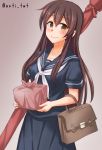  1girl akagi_(kantai_collection) alternate_costume anti_(untea9) bag black_serafuku bow_(weapon) box brown_eyes brown_hair gradient gradient_background hair_between_eyes highres holding holding_box kantai_collection long_hair looking_at_viewer neckerchief obentou school_bag school_uniform serafuku simple_background smile solo straight_hair twitter_username weapon white_neckwear 