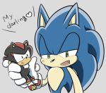  &lt;3 anthro black_eyes black_fur blue_fur clothing dialogue duo english_text eulipotyphlan frown fur gloves green_eyes grey_background handwear hedgehog holding_character male mammal micro red_fur shadow_the_hedgehog sikai simple_background size_difference smile sonic_(series) sonic_the_hedgehog text 