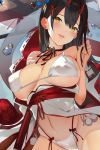  1girl :d azur_lane bare_shoulders bell bikini black_hair blush breasts commentary_request groin hair_between_eyes hair_ornament highleg highleg_bikini horns japanese_clothes jingle_bell kimono large_breasts long_hair looking_at_viewer momi neck_bell obi off_shoulder oni_horns open_mouth playing_with_own_hair sash skindentation smile solo suzuya_(azur_lane) swimsuit white_bikini white_kimono white_nails yellow_eyes 