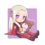  1girl blonde_hair blue_eyes blush cape chibi cravat edelgard_von_hresvelg fire_emblem fire_emblem:_three_houses garreg_mach_monastery_uniform gloves hair_ornament hair_ribbon holding holding_stuffed_animal long_hair looking_at_viewer m1n0f2e1 pantyhose red_cape ribbon simple_background smile solo stuffed_animal stuffed_toy teddy_bear uniform white_background 