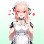  1girl apron bangs blush breasts choker collarbone cowboy_shot eyebrows_visible_through_hair fangs girls_frontline gradient gradient_background greem_bang hair_between_eyes heart highres long_hair looking_at_viewer m4_sopmod_ii_(girls_frontline) maid maid_headdress medium_breasts multicolored_hair open_mouth pink_hair puffy_short_sleeves puffy_sleeves red_eyes red_hair short_sleeves sidelocks simple_background smile solo streaked_hair tongue tongue_out vampire wrist_cuffs 