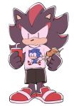 alternate_costume anthro beverage black_fur bottomwear burger clothing cup eulipotyphlan food footwear fur hedgehog holding_food holding_object looking_down male mammal red_fur shadow_the_hedgehog shirt shoes shorts sikai simple_background solo sonic_(series) sonic_the_hedgehog standing t-shirt topwear white_background 