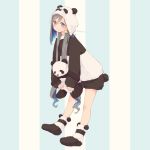  1girl alternate_costume animal_costume animal_ears colis commentary_request full_body grey_eyes grey_hair kantai_collection kiyoshimo_(kantai_collection) leaning_forward low_twintails panda panda_costume panda_ears panda_hood smile solo standing striped striped_background stuffed_animal stuffed_panda stuffed_toy twintails twitter_username two-tone_footwear 
