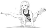  1girl arm_support ass barefoot covered_navel feet forehead gymnast_leotard gymnastics kneepits leaning_forward legs legs_up leotard long_hair masuda_(yousaytwosin) monochrome open_mouth original simple_background sketch soles solo spread_legs toes white_background 