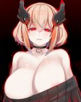  1girl areola_slip areolae aura azur_lane black_background black_sweater blonde_hair blush breasts choker cleavage collarbone commentary_request glowing glowing_eyes half-closed_eyes headgear highres huge_breasts iron_cross looking_at_viewer multicolored_hair nipple_slip nipples parted_lips red_eyes red_hair ribbed_sweater roon_(azur_lane) shiki_(psychedelic_g2) short_hair solo streaked_hair sweater twitter_username 