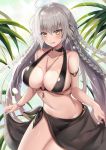  1girl ahoge bangs bare_shoulders bikini black_bikini blush bracelet braid breasts cleavage eyebrows_visible_through_hair fate/grand_order fate_(series) hair_between_eyes harimoji heroic_spirit_festival_outfit jeanne_d&#039;arc_(alter)_(fate) jeanne_d&#039;arc_(fate)_(all) jewelry large_breasts long_hair looking_at_viewer multiple_braids navel necklace open_mouth sarong silver_hair smile solo sunlight swimsuit thighs very_long_hair yellow_eyes 