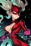  1girl artist_name blue_eyes breasts cat_mask cleavage clenched_hands dark_background gloves hair_blowing latex_bodysuit looking_to_the_side mask optionaltypo persona persona_5 purple_gloves smile solo takamaki_anne upper_body whip zipper 