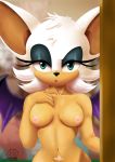  anthro areola arrowdark bat_wings black_nose blurred_background breasts chiropteran eyelashes female green_eyes half-closed_eyes hi_res inside looking_at_viewer mammal membrane_(anatomy) membranous_wings navel nipples nude pubes rouge_the_bat solo sonic_(series) wings 