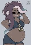  absurd_res animal_humanoid arrowdark bottomwear breasts cephalopod cephalopod_humanoid clothed clothing dark_skin female hi_res humanoid marina_(splatoon) marine marine_humanoid mollusk mollusk_humanoid navel nintendo octarian octoling outie_navel pregnant shorts smile solo splatoon video_games 