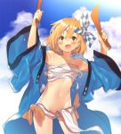  1girl bandages bangs blonde_hair blush breasts brown_eyes budget_sarashi cloud day djeeta_(granblue_fantasy) drum_master_(granblue_fantasy) drumsticks fundoshi granblue_fantasy groin hachimaki hair_between_eyes headband holding japanese_clothes medium_breasts midriff nejiri_hachimaki open_mouth outdoors pelvic_curtain sarashi sawayaka_samehada short_hair sky solo sweat taiko_sticks v-shaped_eyebrows wide_sleeves 