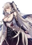  1girl applekun azur_lane bangs bare_shoulders between_breasts black_dress black_nails blush breasts cleavage dress earrings eyebrows_visible_through_hair flight_deck formidable_(azur_lane) frilled_dress frills grey_hair hair_ribbon highres jewelry large_breasts long_hair long_sleeves looking_at_viewer red_eyes ribbon rigging simple_background solo twintails two-tone_dress white_background 