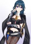  1girl absurdres armor black_shorts blue_eyes blue_hair byleth_(fire_emblem) byleth_(fire_emblem)_(female) closed_mouth dagger fire_emblem fire_emblem:_three_houses highres medium_hair pantyhose scabbard sheath sheathed short_shorts shorts simple_background solo sword weapon white_background zero-theme 