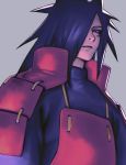  1boy armor black_hair closed_mouth grey_background hair_over_one_eye japanese_armor long_hair male_focus mi8pq naruto naruto_(series) pauldrons purple_eyes simple_background solo uchiha_madara 