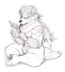  2019 5_fingers accessory anthro athletic athletic_male biped canid canine canis clothing domestic_dog fingers fundoshi fur hair headband hi_res humanoid_hands japanese_clothing kunai male mammal nipples pawpads scar scarf sitting tadatomo tattoo tobikara3 tokyo_afterschool_summoners underwear video_games weapon 