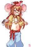  1girl absurdres alternate_costume animal_hat artist_logo bandeau beige_jacket blue_pants brown_eyes brown_hair commentary_request controller cosplay cropped_jacket dated elephant_hat fate/grand_order fate_(series) feet_out_of_frame flat_chest game_controller ganesha_(fate) ganesha_(fate)_(cosplay) glasses hat highres kanon_(kurogane_knights) kantai_collection long_hair looking_at_viewer mochizuki_(kantai_collection) navel pants playstation_controller red-framed_eyewear simple_background solo white_background 