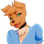  1:1 2019 anthro breasts canid canine canis chocker clothed clothing digital_media_(artwork) domestic_dog eyelashes eyeshadow female fur green_eyes hair halationart hi_res humanoid looking_at_viewer makeup mammal open_mouth simple_background smile smirk solo tongue tongue_out 