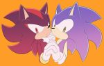  anthro black_fur blue_fur clothing duo eulipotyphlan fur gloves green_eyes hand_holding handwear hedgehog male male/male mammal orange_background red_eyes red_fur shadow_the_hedgehog sikai simple_background sonic_(series) sonic_the_hedgehog 