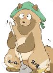  2019 anthro blush brown_fur canid canine cleaning fur humanoid_hands japanese_text mammal raccoon_dog simple_background solo tanuki text tinntira white_background 