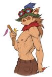  2014 bottomwear brown_fur clothed clothing feathers fur league_of_legends looking_at_viewer male muscular muscular_male nestkeeper nipples pants riot_games solo teemo_(lol) topless video_games weapon yordle 