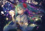  1girl bangs blush burning candle candlelight closed_mouth commentary_request eyebrows_behind_hair fire floating_hair floral_print flower goyain green_eyes green_hair hair_between_eyes hair_flower hair_ornament hands_up hatsune_miku highres japanese_clothes kimono long_hair long_sleeves looking_away obi print_kimono red_flower sash smile solo tree_branch twintails very_long_hair vocaloid white_kimono wide_sleeves 