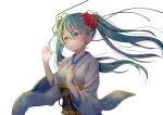  1girl bangs blush closed_mouth eyebrows_behind_hair floating_hair floral_print flower goyain green_eyes green_hair hair_between_eyes hair_flower hair_ornament hands_up hatsune_miku highres japanese_clothes kimono long_hair long_sleeves looking_away obi print_kimono red_flower sash simple_background smile solo twintails very_long_hair vocaloid white_background white_kimono wide_sleeves 