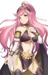  1girl braid bridal_gauntlets fire_emblem fire_emblem_awakening fire_emblem_heroes hairband highres long_hair navel o-ring olivia_(fire_emblem) parted_lips pink_eyes pink_hair ponytail simple_background solo spiffydc twin_braids twitter_username white_background 