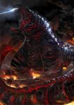  absurdres black_clouds dinosaur fire godzilla highres kaijuu laser_beam monster no_humans open_mouth ritsu24 shin_godzilla smoke standing tail teeth 