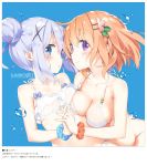  2girls absurdres asymmetrical_docking bangs bare_shoulders bikini blue_background blue_eyes blue_hair blue_scrunchie blush breast_press breasts brown_hair brown_scrunchie cleavage closed_mouth collarbone eyebrows_visible_through_hair fingernails gochuumon_wa_usagi_desu_ka? hair_between_eyes hair_bun hair_ornament hairclip highres holding_hands hoto_cocoa huge_filesize interlocked_fingers kafuu_chino large_breasts multiple_girls navel parted_lips peko polka_dot polka_dot_scrunchie purple_eyes scan scrunchie short_hair side-tie_bikini side_bun sidelocks simple_background small_breasts smile swimsuit translation_request water_drop white_bikini wrist_scrunchie x_hair_ornament 