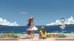  1girl aircraft bare_arms bare_legs bare_shoulders bird black_hair blue_sky brown_eyes cloud day dirigible dress eflilies from_behind ground_vehicle hat hat_ribbon horizon light_smile long_hair looking_at_viewer looking_back luggage moped motor_vehicle ocean original outdoors ribbon road shoes shore sky solo straw_hat street sun_hat tan white_dress white_footwear 