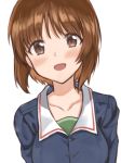  1girl bangs blush brown_eyes brown_hair collarbone girls_und_panzer looking_at_viewer mamu_t7s nishizumi_miho ooarai_military_uniform open_mouth short_hair simple_background smile solo white_background 
