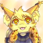  1:1 2017 4_fingers accessory amber_eyes anthro banoffee_(unknownlifeform) claws clothed clothing digital_media_(artwork) fangs female fingers fur hair_accessory hair_tie hi_res open_mouth pawpads simple_background solo star_eyes unknownlifeform yellow_background yellow_fur 