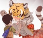  1boy 1girl :3 :d against_glass animal_ear_fluff animal_ears animal_print between_breasts blonde_hair blush breast_press breasts brown_hair commentary_request elbow_gloves extra_ears eyebrows_visible_through_hair fang gloves hair_between_eyes heavy_breathing kemono_friends large_breasts looking_at_another multicolored_hair necktie necktie_between_breasts open_mouth orange_eyes orange_skirt paw_pose plaid plaid_neckwear plaid_skirt plaid_trim print_gloves shirt short_hair short_sleeves shorts size_difference skirt smile tail tanaka_kusao tiger_(kemono_friends) tiger_ears tiger_print tiger_tail white_hair white_shirt yellow_eyes 