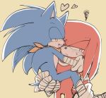  &lt;3 annoyed anthro bandanna blue_fur blush bodily_fluids butt butt_grab clothing duo echidna embarrassed eulipotyphlan fur gloves hand_on_butt handwear hedgehog holding_character knuckles_the_echidna looking_aside male male/male mammal monotreme red_fur sikai simple_background smile sonic_(series) sonic_boom sonic_the_hedgehog sweat sweatdrop wraps yellow_background 