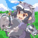  1girl animal animal_ears bangs black_hair blue_sky cloud common_raccoon_(kemono_friends) day fang food hug kemono_friends multicolored_hair open_mouth raccoon raccoon_ears raccoon_tail short_hair sky smile tail umikazenet3 