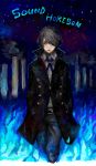  1boy belt_buckle black_coat black_eyes black_hair blue_fire blue_neckwear buckle closed_mouth coat denim fire forest hair_over_one_eye hands_in_pockets jeans nature night outdoors pants sky solo sound_horizon star_(sky) starry_sky tree vanishing_starlight voruvoru walking 