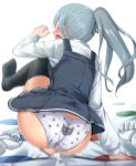  1boy 1girl admiral_(kantai_collection) animal_print ass back-print_panties black_legwear black_ribbon cat_panties cat_print commentary_request dress from_behind girl_on_top grey_hair hair_ribbon highres kantai_collection kasumi_(kantai_collection) kneehighs long_hair long_sleeves military military_uniform naval_uniform panties paw_print pinafore_dress print_panties remodel_(kantai_collection) ribbon shirt side_ponytail silver_hair sitting sitting_on_face sitting_on_person sleeveless sleeveless_dress underwear uniform white_shirt zanntetu 