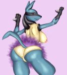  2019 anthro areola bent_over big_areola big_breasts big_butt big_nipples blue_fur blush breasts butt clothing digital_media_(artwork) eyelashes female fur halationart hi_res humanoid looking_at_viewer looking_back lucario nintendo nipples open_mouth panties pok&eacute;mon pok&eacute;mon_(species) polka_dot_panties presenting presenting_hindquarters red_eyes simple_background smile solo thick_butt thick_thighs tutu underwear video_games wide_hips 