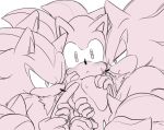  anthro blush bodily_fluids clothing eulipotyphlan face_grab frown gloves group handwear hedgehog looking_at_another male male/male mammal pink_theme shadow_the_hedgehog sikai simple_background sonic_(series) sonic_the_hedgehog square_crossover sweat white_background 
