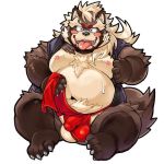  1:1 2019 anthro balls belly blush brown_fur bulge canid canine clothing fundoshi fur goemon_(tas) japanese_clothing male mammal moobs navel nekomarudon nipples overweight overweight_male penis_outline raccoon_dog simple_background sitting solo tanuki tanukimaru tokyo_afterschool_summoners tongue tongue_out underwear video_games white_background 