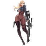  1girl amy_laser_(last_origin) blonde_hair bodysuit boots breasts catsuit center_opening cleavage curvy dual_wielding earrings full_body gun hair_between_eyes handgun highres holding jewelry large_breasts last_origin looking_at_viewer official_art pistol purple_eyes rifle skin_tight sniper_rifle solo thigh_boots thighhighs transparent_background weapon wide_hips zipper 
