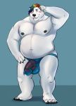 anthro areola balls_outline belly biped black_areola black_nipples black_nose black_pawpads blue_background blue_bottomwear blue_clothing blue_eyes blush bodily_fluids bottomwear clothed clothing gatorbeast hair hi_res male mammal multicolored_hair navel nipples pawpads penis polar_bear rainbow_hair simple_background smile solo topless torn_bottomwear torn_clothing ursid ursine 