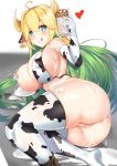  1girl absurdres animal_ears animal_print ass bell bell_choker breasts choker cow_bell cow_ears cow_girl cow_horns cow_print deogho_(liujinzy9854) ear_tag elbow_gloves elf elven_forest_maker_(last_origin) gloves highres horns lactation large_breasts last_origin looking_at_viewer milk pointy_ears solo thighhighs 