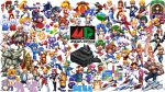  6+boys 6+girls arle_nadja axel_stone bare_knuckle blaze_fielding carbuncle_(puyopuyo) character_request copyright_request darius dr._eggman draco_centauros dynamite_headdy dynamite_headdy_(character) everyone game_console gun gunstar_heroes highres holding holding_gun holding_weapon logo looking_at_viewer multiple_boys multiple_girls phantasy_star pixel_art pixelflag puyo_(puyopuyo) puyopuyo rockman rockman_(character) rulue_(puyopuyo) ryuu_(street_fighter) satan_(puyopuyo) schezo_wegey sega sega_mega_drive silhouette silver_hawk simple_background sonic sonic_the_hedgehog space_craft tails_(sonic) tetris toguro_otouto weapon white_background yuu_yuu_hakusho 