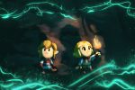  1boy 1girl blonde_hair boots brown_gloves brown_pants closed_mouth energy fern_bautista fingerless_gloves gloves highres link pants parody pointy_ears princess_zelda short_hair sidelocks style_parody the_legend_of_zelda the_legend_of_zelda:_breath_of_the_wild the_legend_of_zelda:_breath_of_the_wild_2 the_legend_of_zelda:_link&#039;s_awakening torch tunic wavy_mouth 