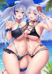  2girls absurdres armpits bangs beach bikini black_bikini blue_eyes blue_sky blue_swimsuit blush breast_press breasts choker cleavage cloud cloudy_sky collarbone commentary_request crossed_bangs eyebrows_visible_through_hair eyelashes eyepatch_bikini flower frilled_bikini frills glasses green_bikini grey_hair hair_between_eyes hair_flower hair_ornament hand_on_hip hat heterochromia highleg highleg_bikini highres hug large_breasts layered_bikini lips long_hair lowleg lowleg_bikini mismatched_bikini multi-strapped_bikini multicolored_hair multiple_girls navel o-ring o-ring_bikini o-ring_bottom o-ring_top ocean open_mouth original palms petals purple_eyes red_eyes ribbon short_hair sidelocks silver_hair skindentation sky slingshot_swimsuit smile stomach streaked_hair string_bikini sun_hat sweat swimsuit symmetrical_docking thigh_ribbon thigh_strap thighs tori@gununu v wet white_bikini wrist_ribbon yellow_eyes 