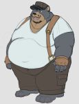  anthro belly black_fur brown_fur captainjusticevirtsuoso claws clothed clothing facial_hair fingerless_gloves fur gloves handwear hat headgear headwear hi_res male mammal moobs obese obese_male open_mouth open_smile overweight overweight_male smile solo standing suspenders thick_thighs ursid ursine 