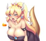  alternate_species big_breasts blue_eyes blush bowser bowsette_meme breasts cakecatboy cleavage clothed clothing crossgender crown female fire hi_res humanoid mario_bros nintendo open_mouth simple_background super_crown tongue video_games 
